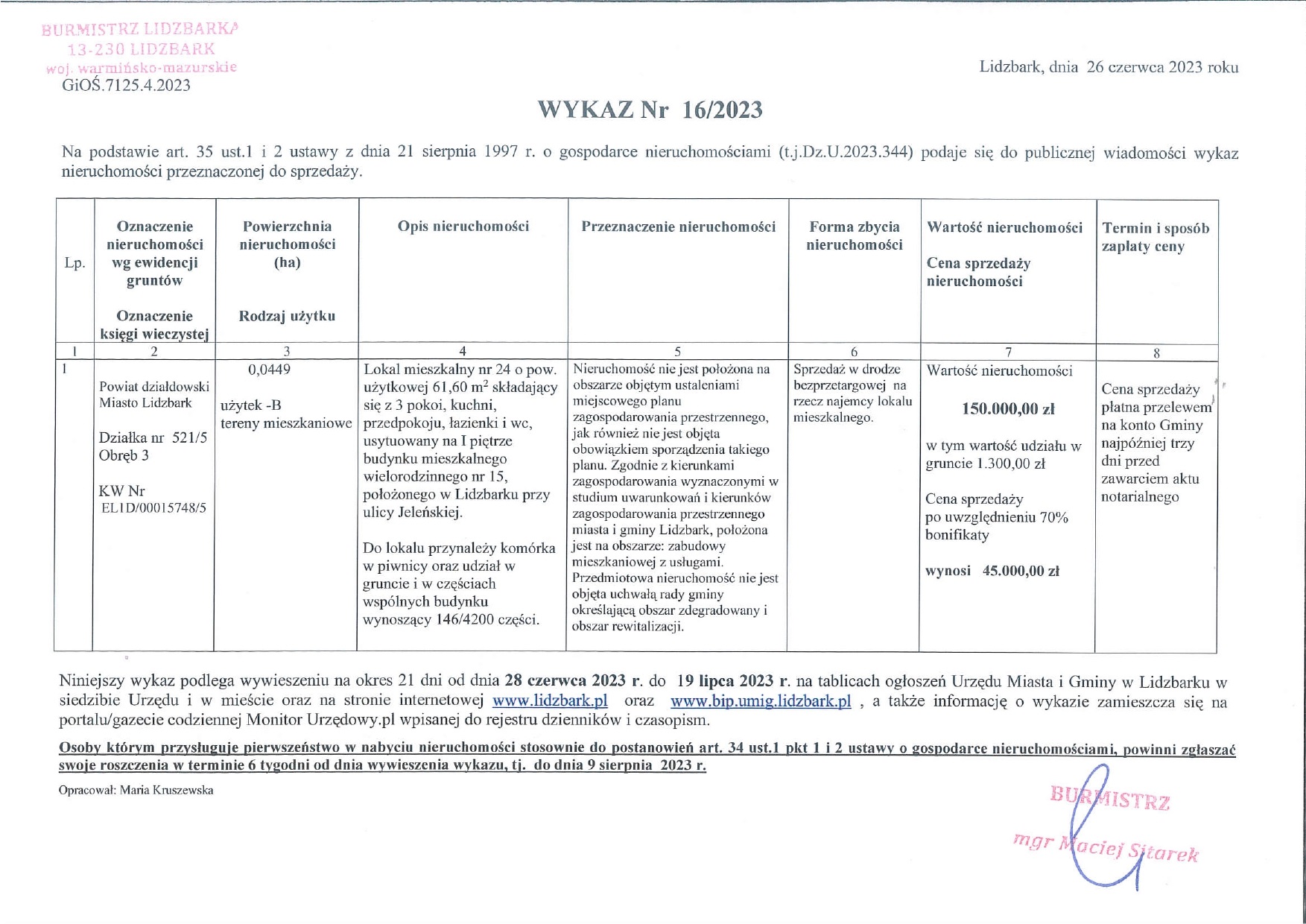 Wykaz Nr 16/2023 Nieruchomość lokalowa do sprzedaży - Lidzbark, ul. Jeleńska